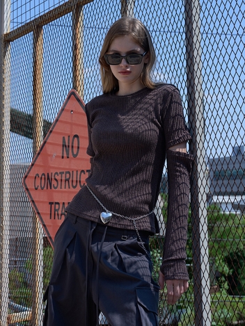 Elbow slit Hand warmmer Stitch Tshirts Brown