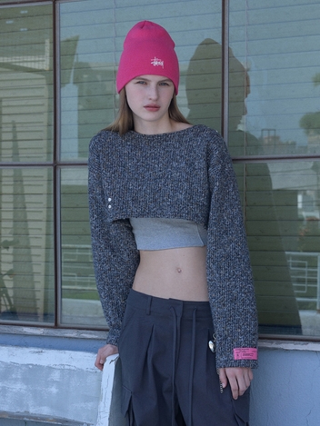 Wool blend Round neck Crop Stud Knit Tshirts Black