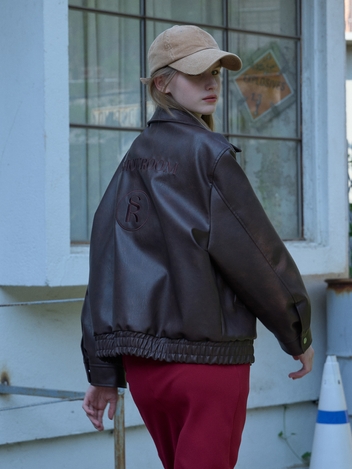 Two way Zipper Logo embroidery patch Eco leather Blouson Brown