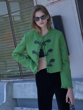 Toggle button Fringe tweed Wool Jacket Green