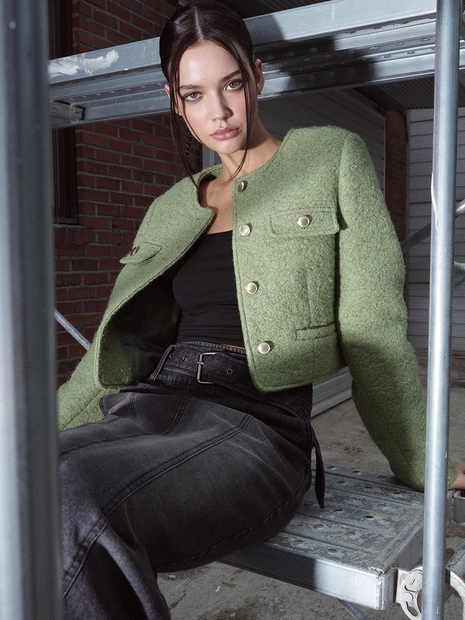 Stitch Pocket Point Wool Jacket, Light Green