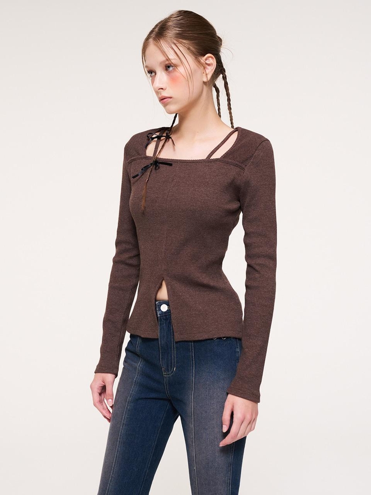 Neck Strap Front Slit T-Shirt, Brown