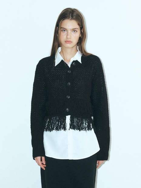 Layer Fringe Knit Cardigan, Black