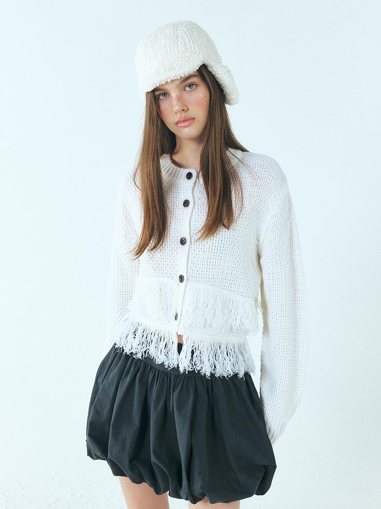 Layer Fringe Knit Cardigan, Ivory