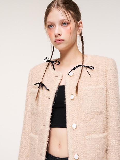 Pocket Tweed Fur Jacket, Beige