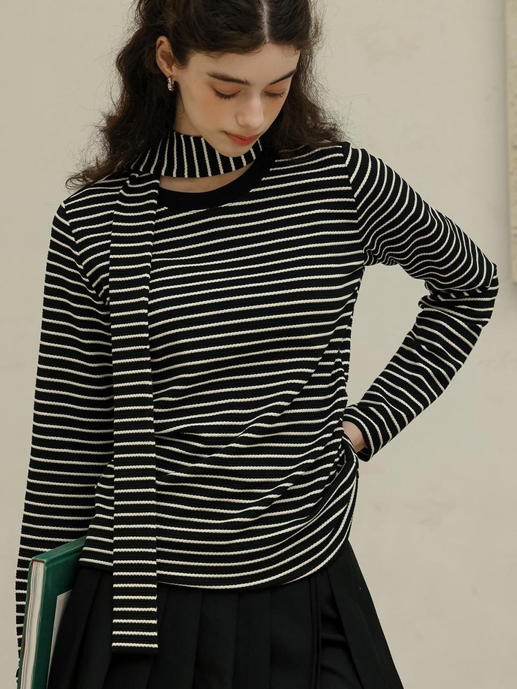 DD_Striped round neck scarf top_BLACK