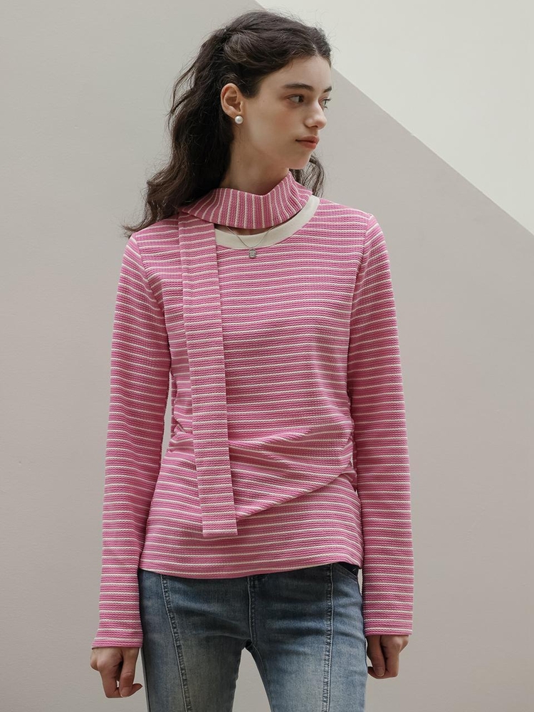 DD_Striped round neck scarf top_PINK