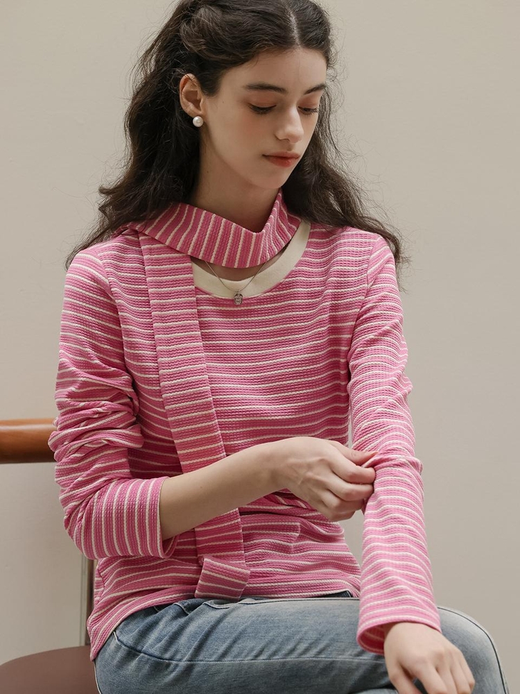 DD_Striped round neck scarf top_PINK