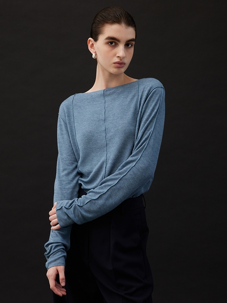 Boat Neck Long Sleeve T-shirt In Blue