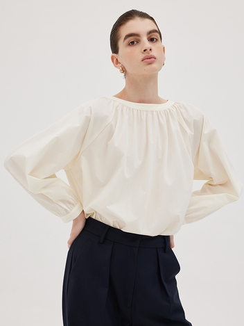 Boat Neck Shirring Blouse In Ivory