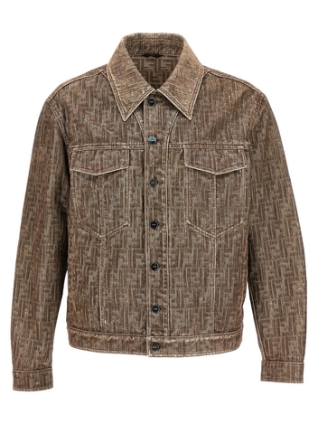 펜디 All Over Flocked Logo Jacket Casual Jackets, Parka Beige FW0428APSWF0U3V
