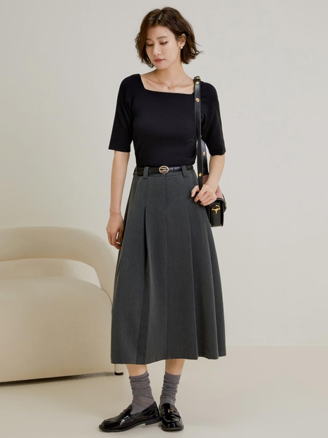 LS_A-line pleated long skirt