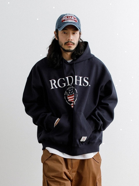 러기드하우스 : USA 트리 프린팅 로고 후드티 네이비
