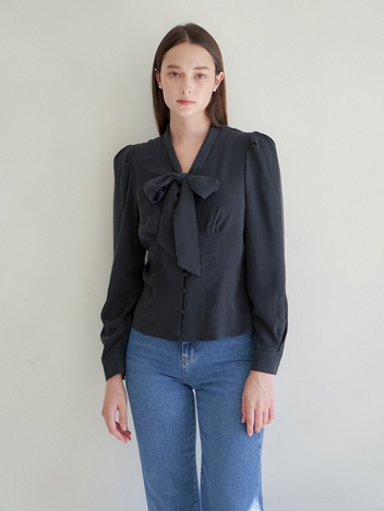 MODAL RIBBON TIE BLOUSE_BLACK