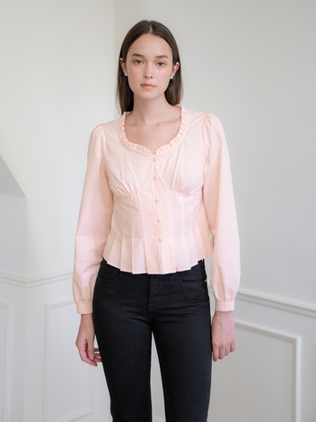 PLEATS DETAIL HEART NECK BLOUSE_APRICOT PINK