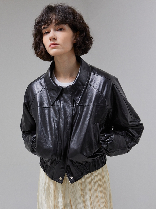 [LINE] Collar Crop Leather Jacket