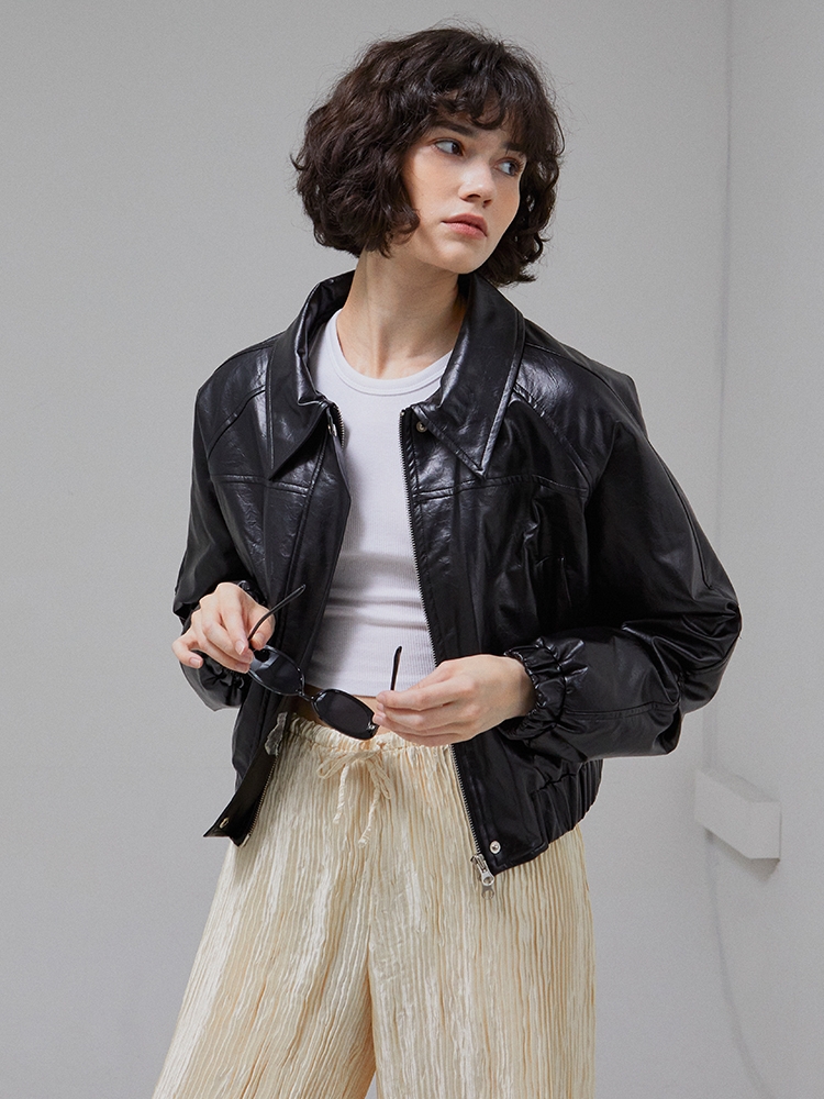 [LINE] Collar Crop Leather Jacket