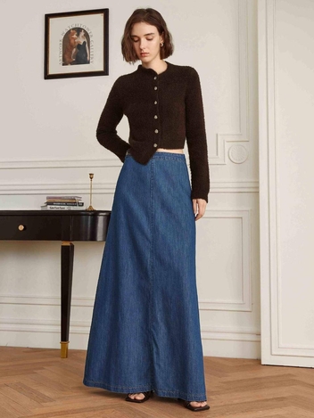 YY_High waist flared denim skirt