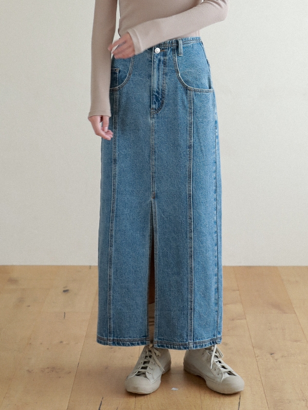 Lossy  slit washing long denim skirt_blue