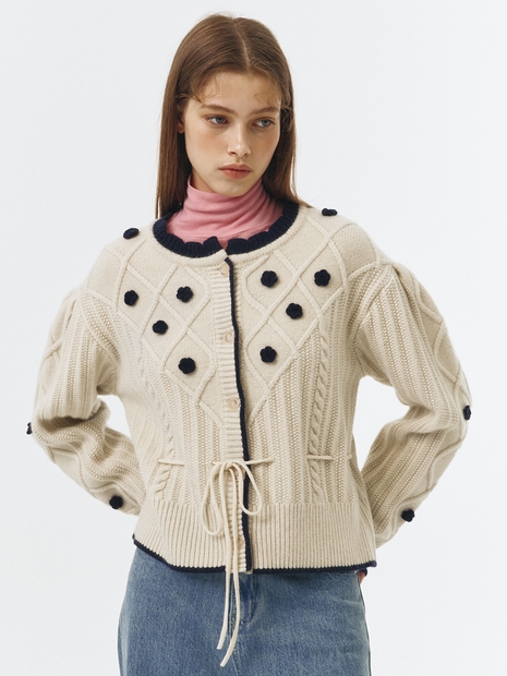 Flower Pompom Cable Knit Cardigan VC239OCD004M