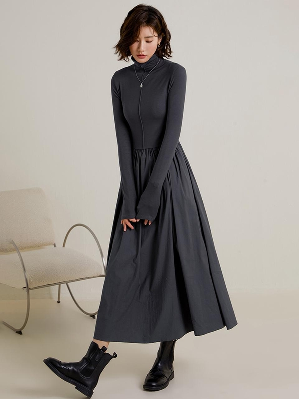 LS_Turtleneck knit long dress_GRAY