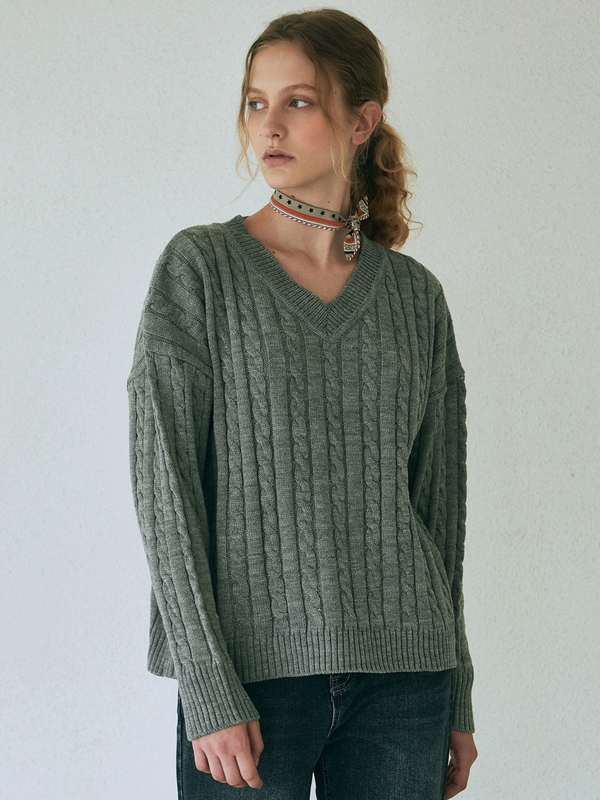 CABLE V-NECK SWEATER_GRAY