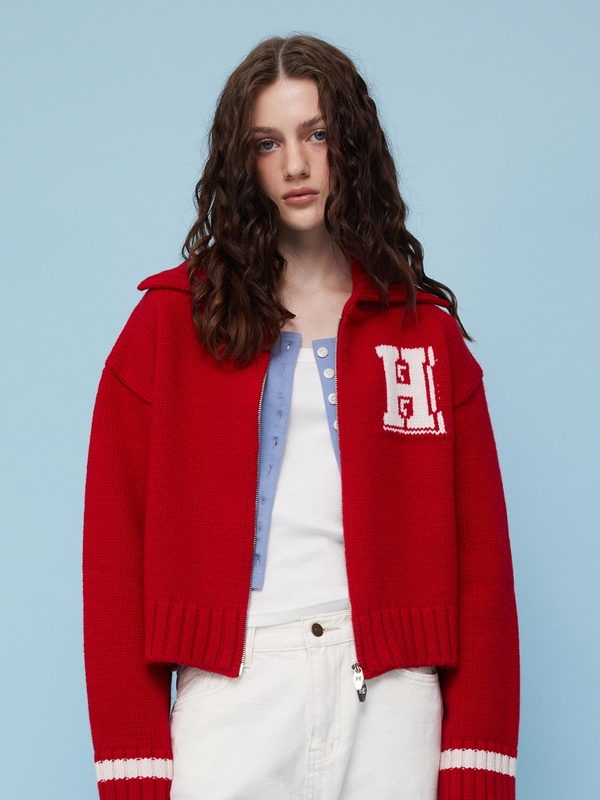 logo cashmere zip-up cardigan (vintage red)