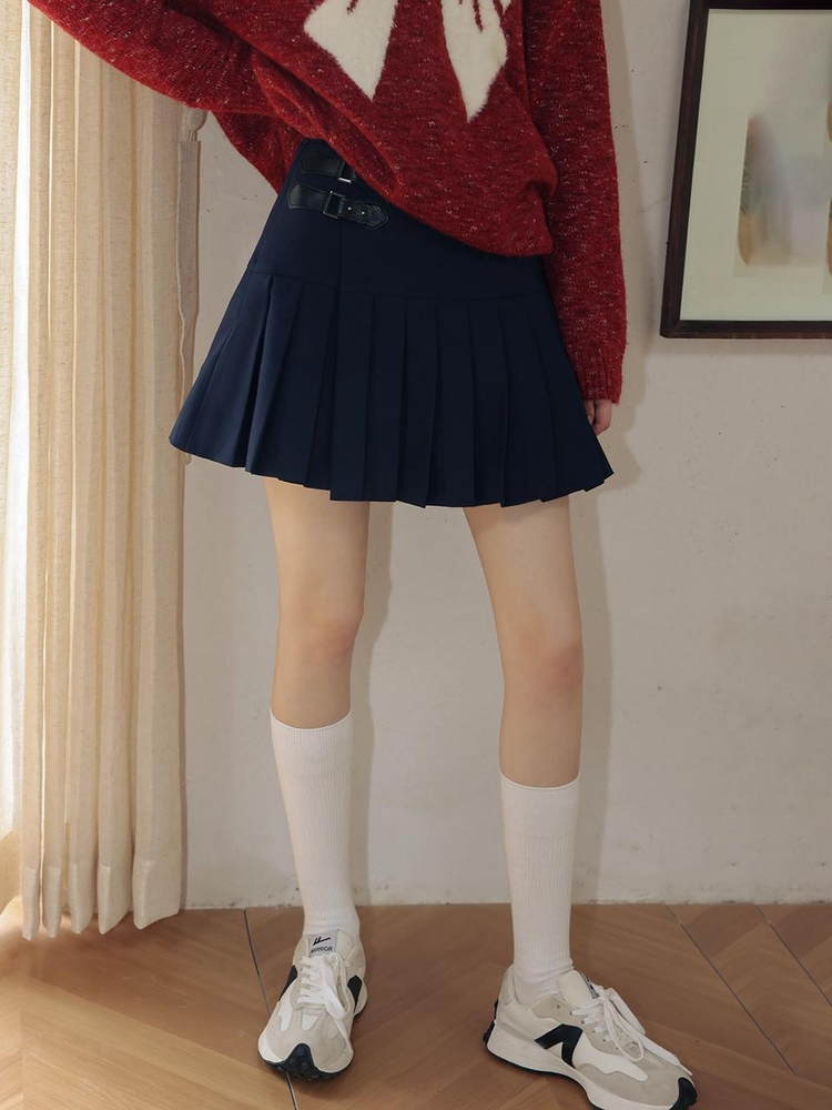 DD_Double leather buckle skirt_NAVY