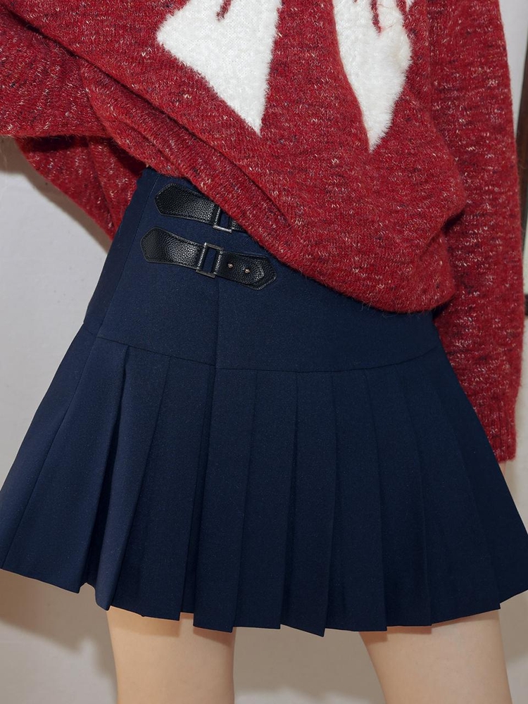 DD_Double leather buckle skirt_NAVY