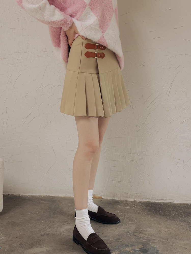 DD_Double leather buckle skirt_BEIGE