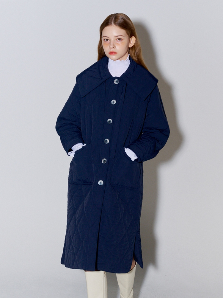 Big Collar Quilted Long Coat Navy