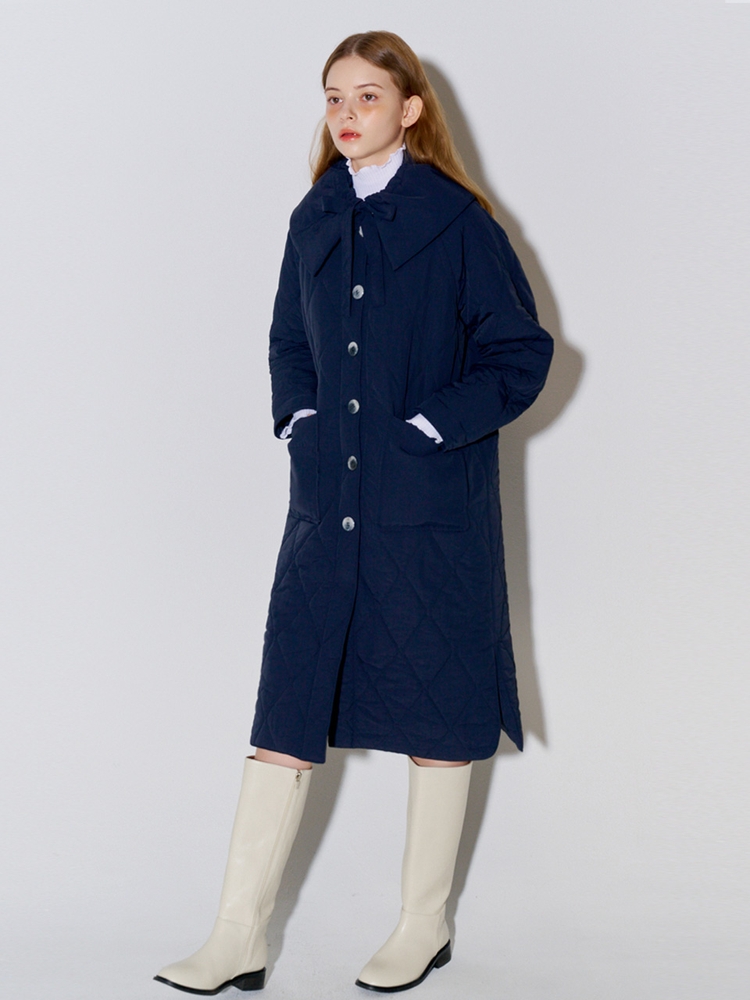 Big Collar Quilted Long Coat Navy