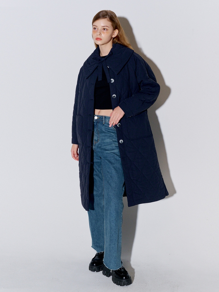 Big Collar Quilted Long Coat Navy