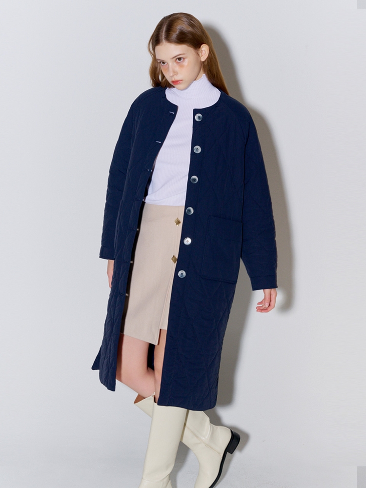 Big Collar Quilted Long Coat Navy