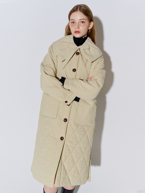 Big Collar Quilted Long Coat Beige