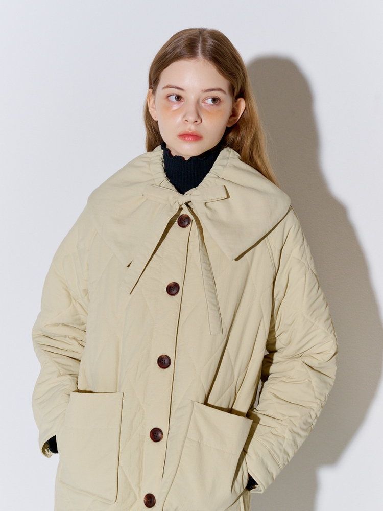 Big Collar Quilted Long Coat Beige