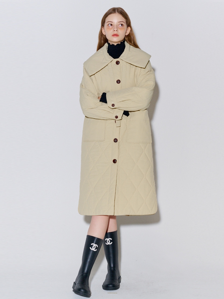 Big Collar Quilted Long Coat Beige