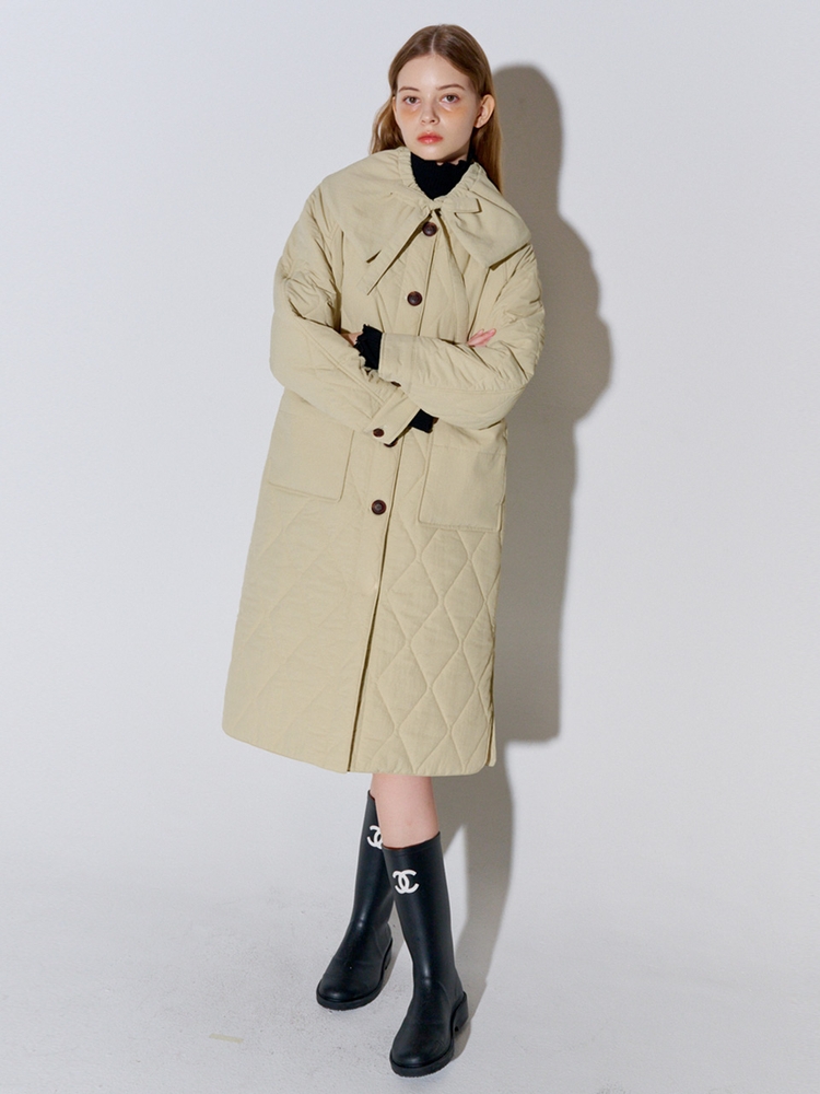 Big Collar Quilted Long Coat Beige