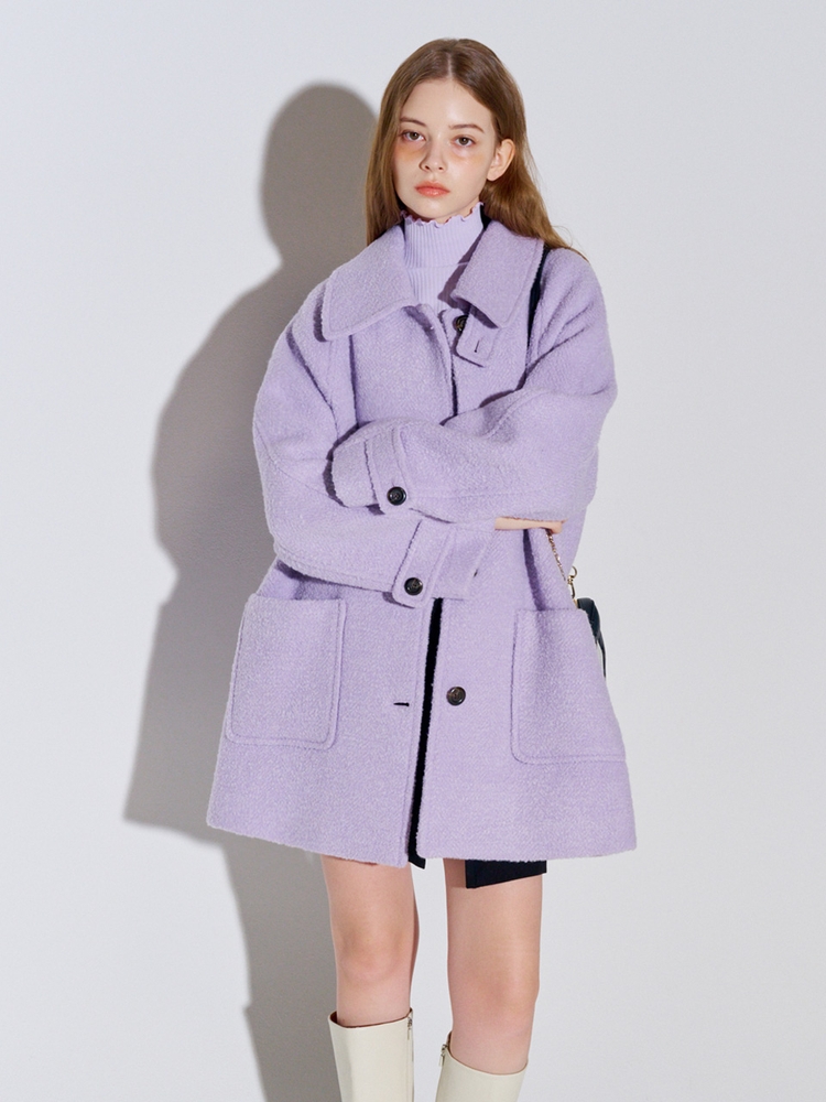 Boucle Herringbone Half Wool Coat Lavender