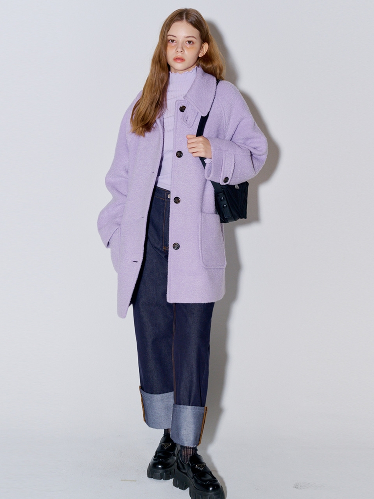 Boucle Herringbone Half Wool Coat Lavender