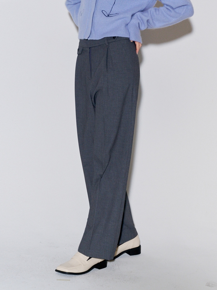 Button Point Wool Pintuck Wide Slacks Grey