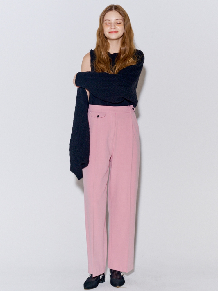 Button Point Wool Pintuck Wide Slacks Pink