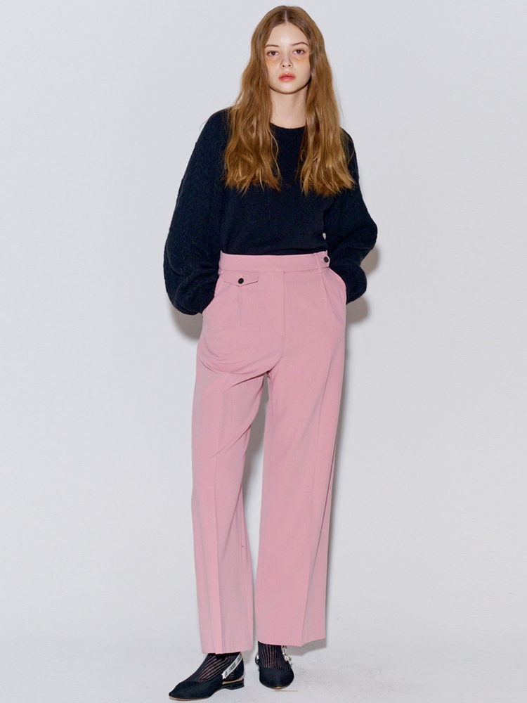 Button Point Wool Pintuck Wide Slacks Pink