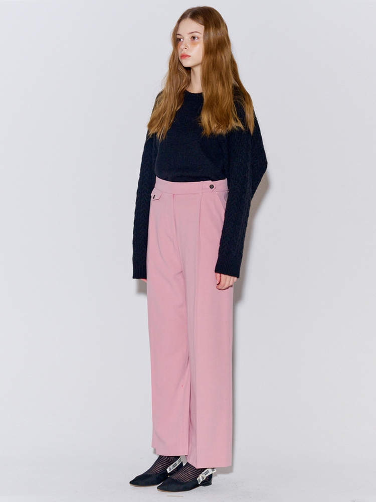 Button Point Wool Pintuck Wide Slacks Pink