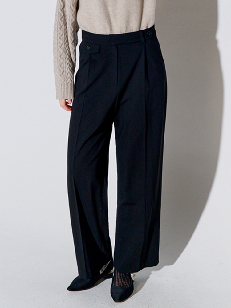 Button Point Wool Pintuck Wide Slacks Black