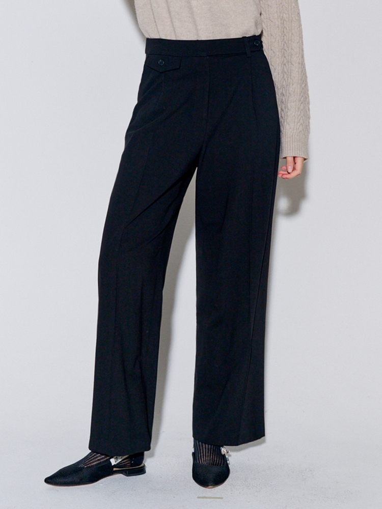 Button Point Wool Pintuck Wide Slacks Black