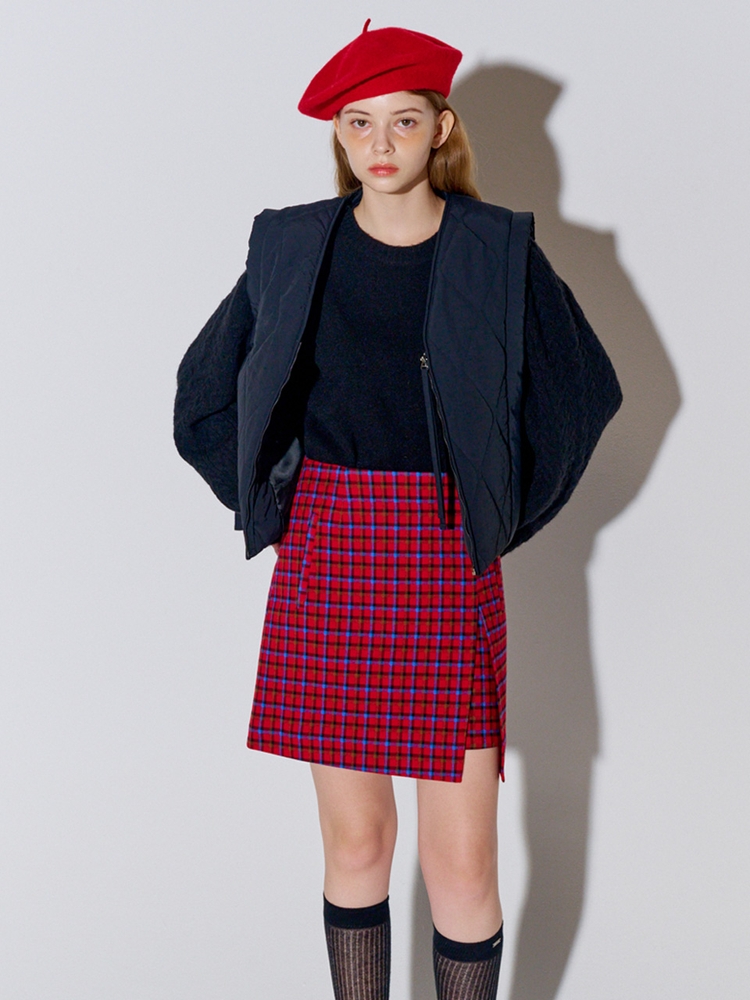 Brushed Slit Mini Skirt Red Check