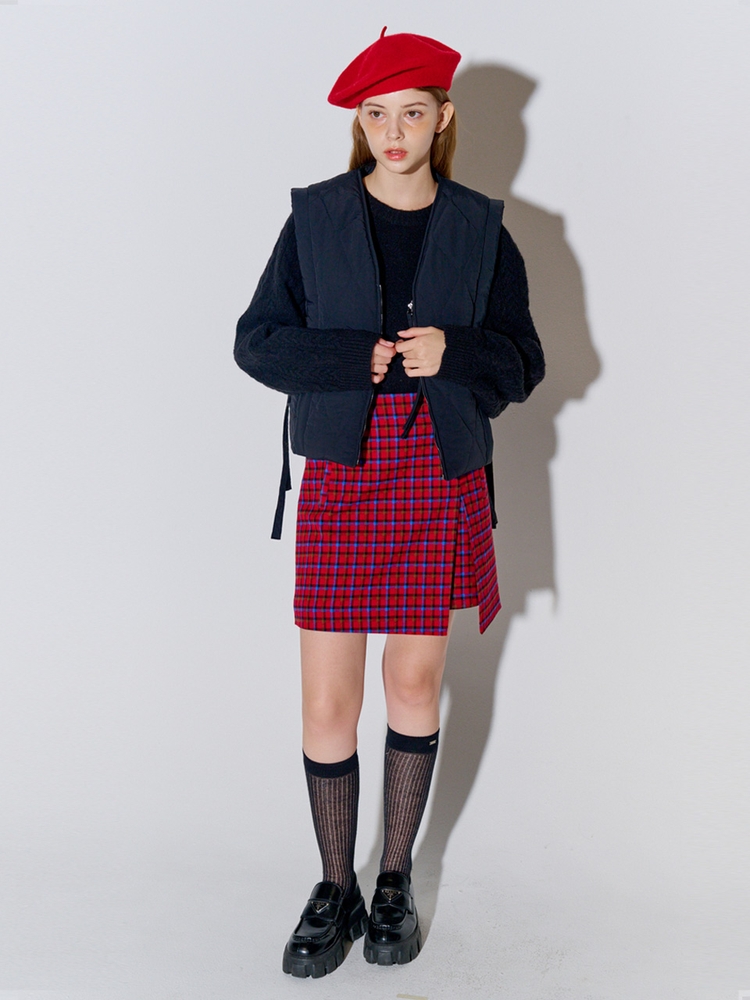 Brushed Slit Mini Skirt Red Check