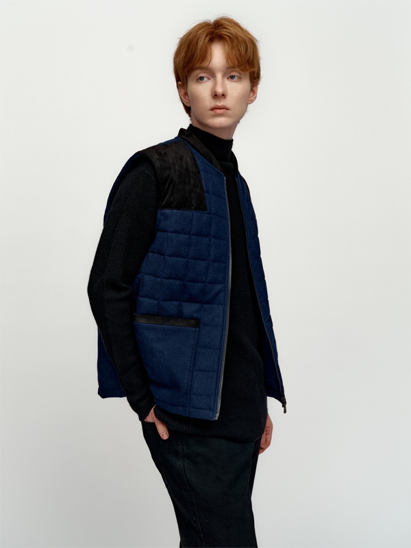 Square Quilting Wool Vest_Navy