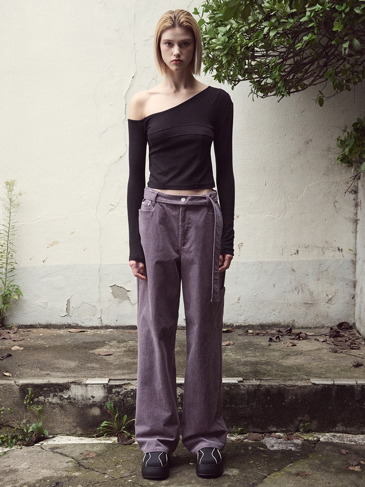 Waist Belt Corduroy Pants, Purple